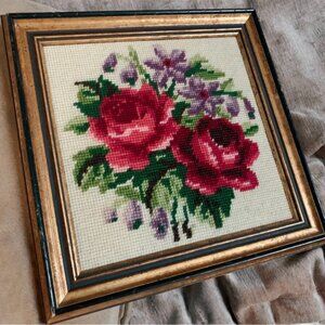 Vintage square framed needlepoint roses